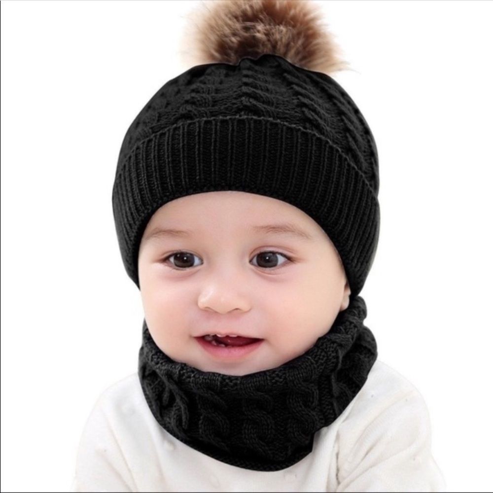 Children’s black knit beanie and scarf